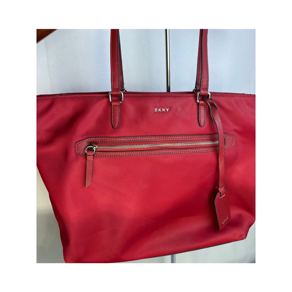 DKNY Red Nylon Tote Bag Large Shoulder Shopper Travel Work Laptop Handbag Purse